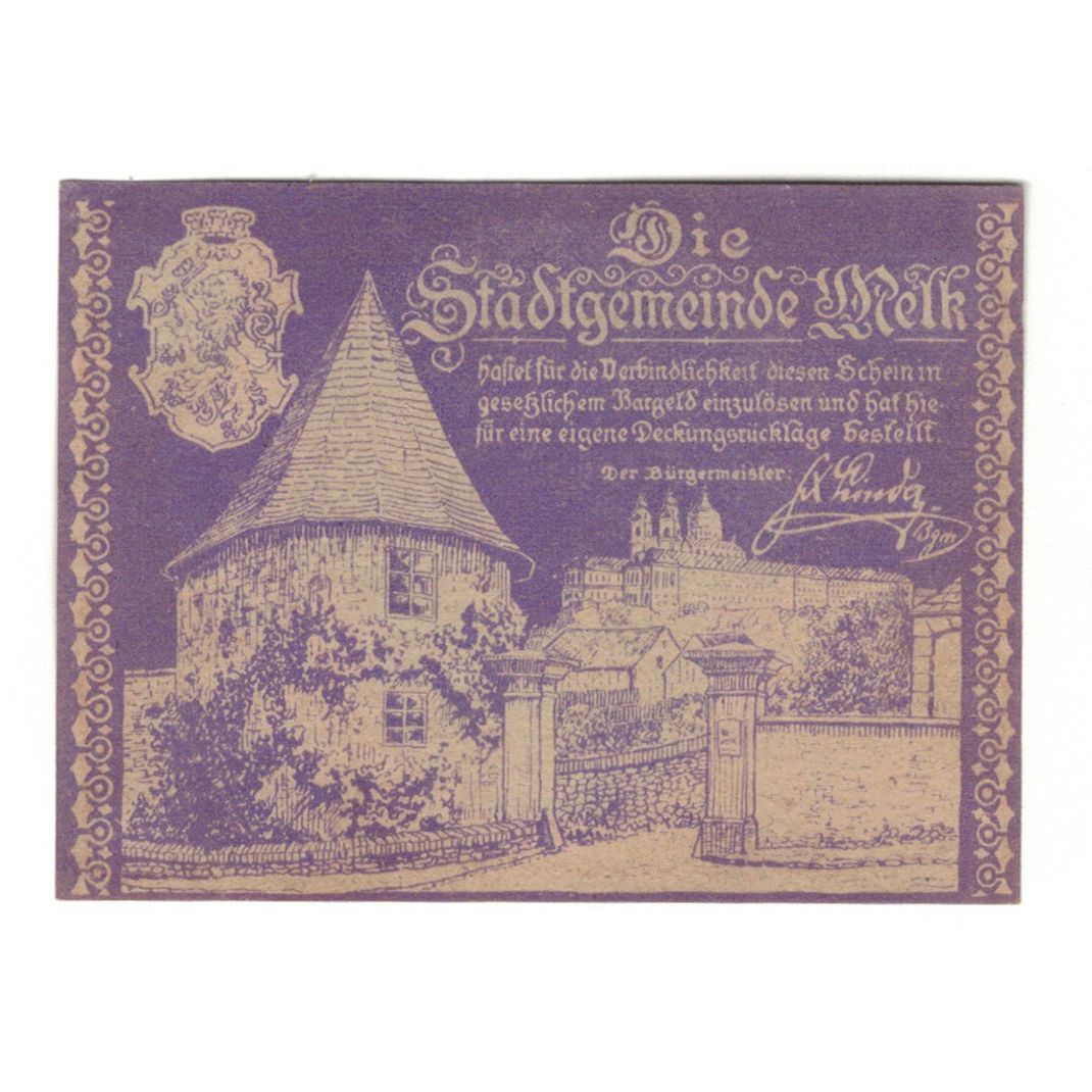 Billet, Autriche, Melk N.Ö. Stadtgemeinde, 10 Heller, batiment 1, 1920