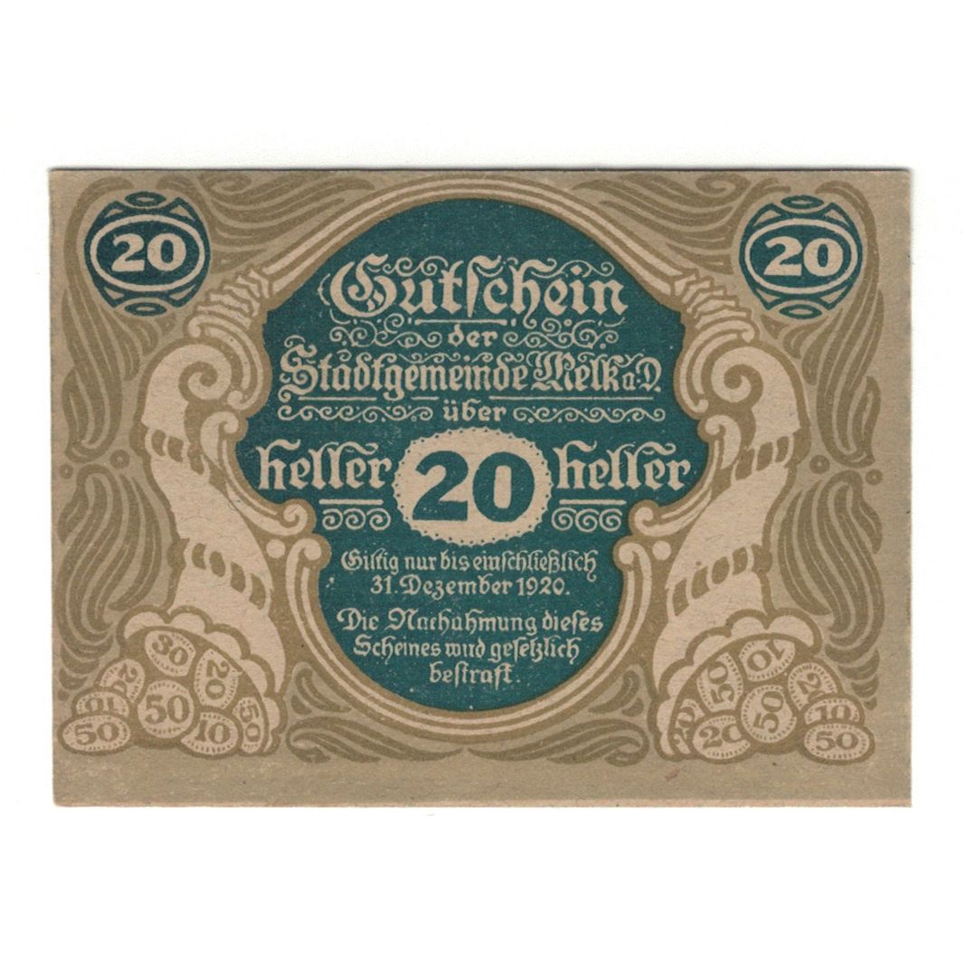 Billet, Autriche, Melk N.Ö. Stadtgemeinde, 20 Heller, batiment 1, 1920