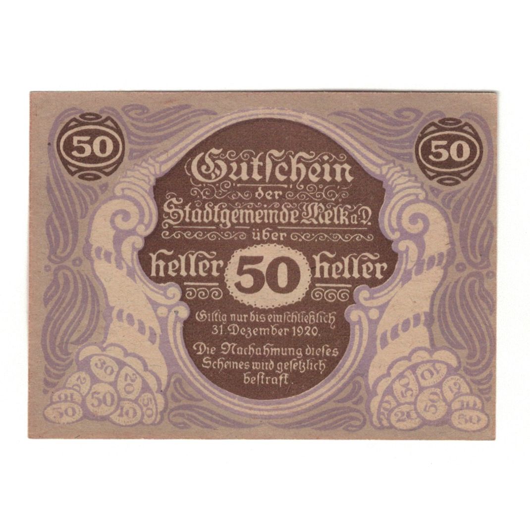 Billet, Autriche, Melk N.Ö. Stadtgemeinde, 50 Heller, Batiment, 1920