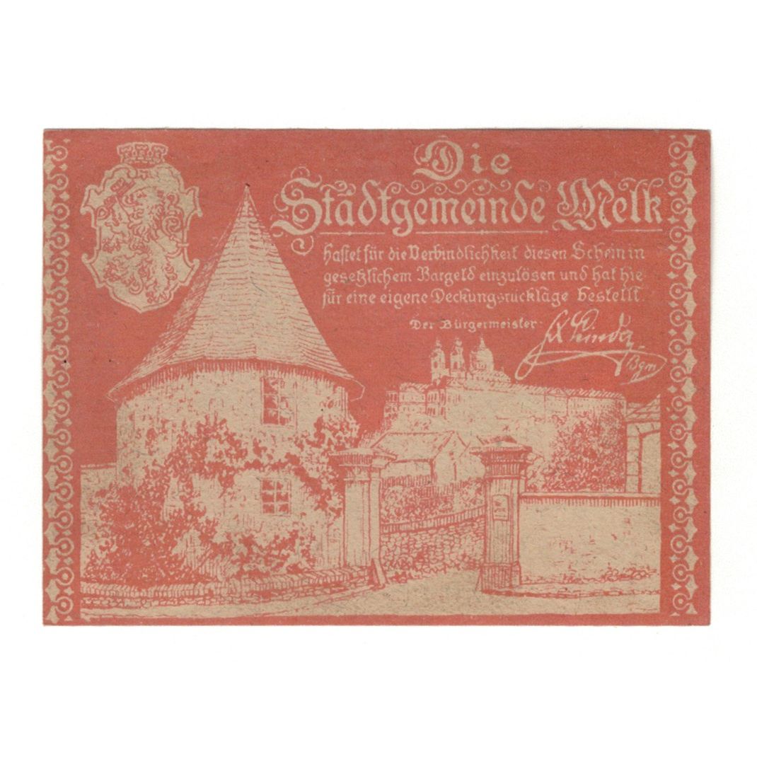 Billet, Autriche, Melk N.Ö. Stadtgemeinde, 50 Heller, Batiment, 1920