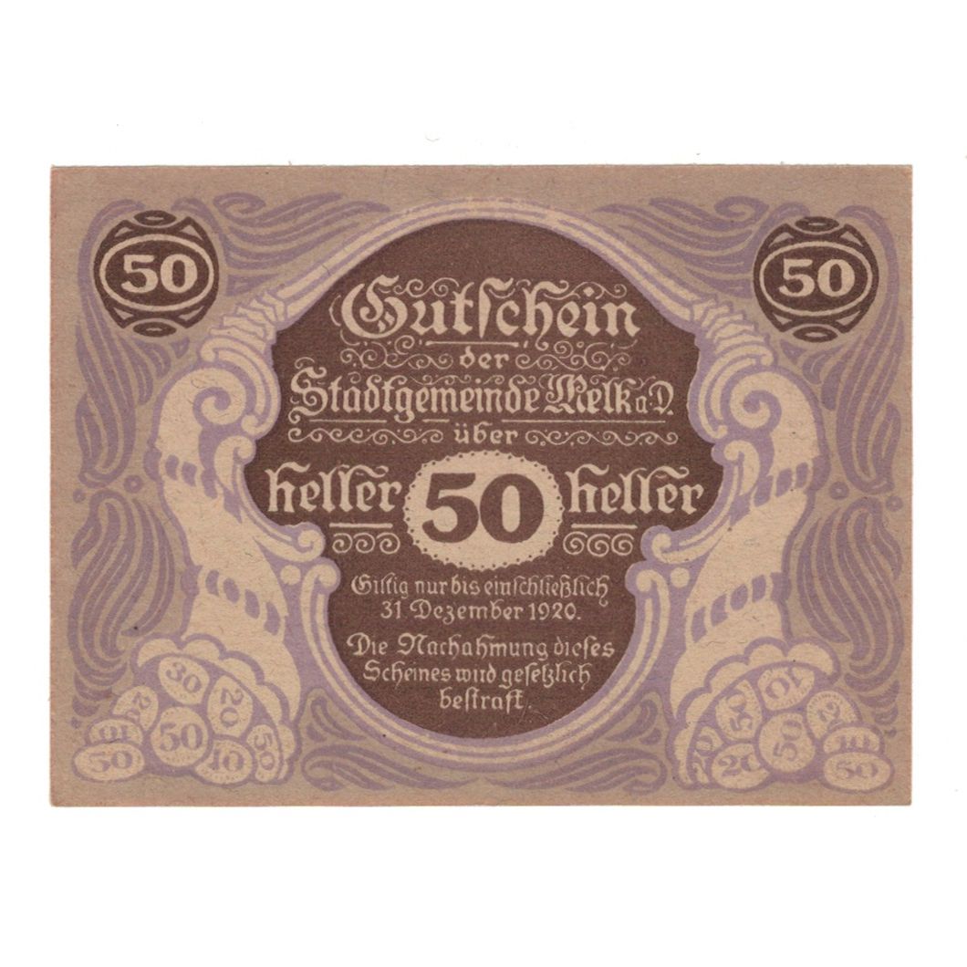 Billet, Autriche, Melk N.Ö. Stadtgemeinde, 50 Heller, batiment 1, 1920
