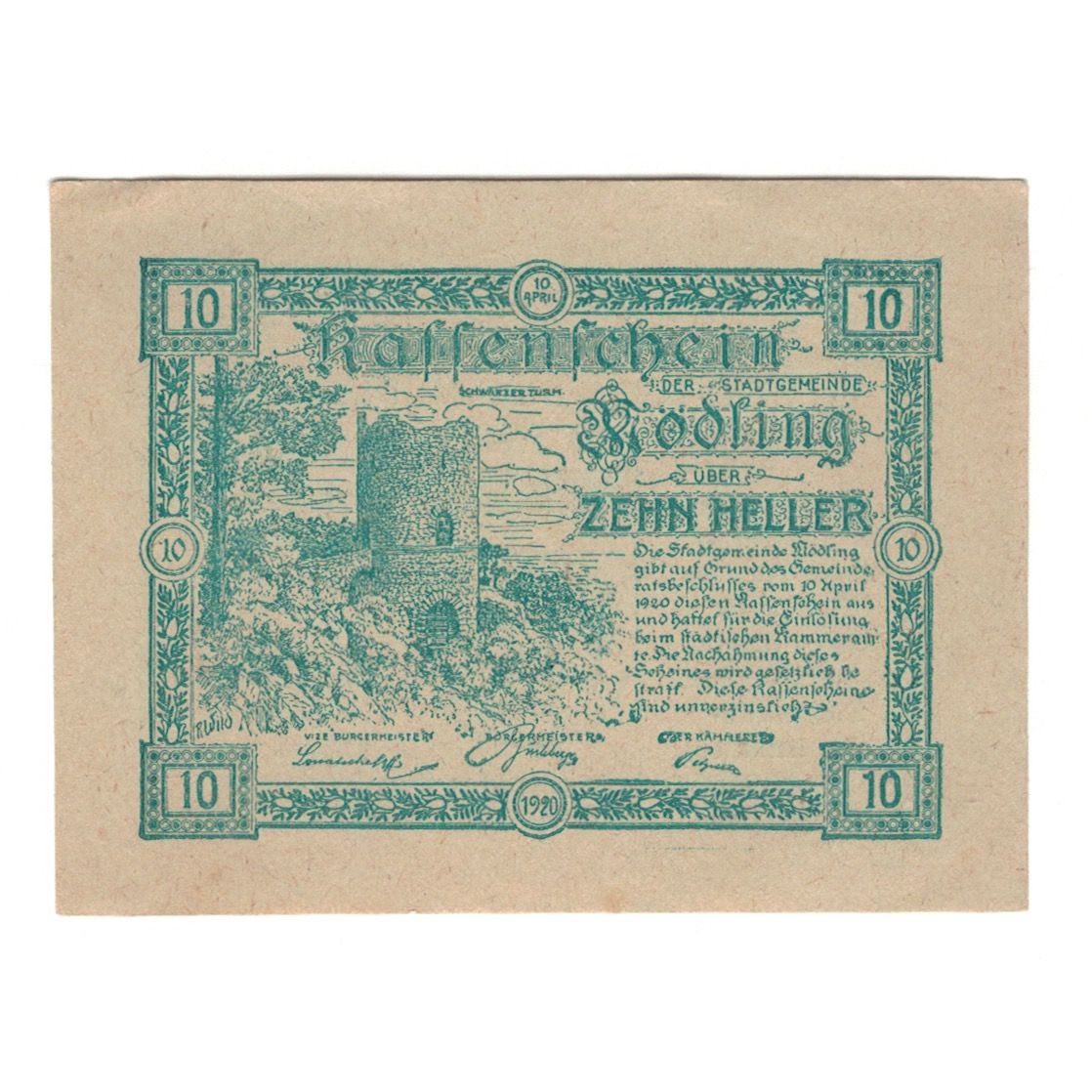 Billet, Autriche, Mödling N.Ö. Stadtgemeinde, 10 Heller, Blason, 1920