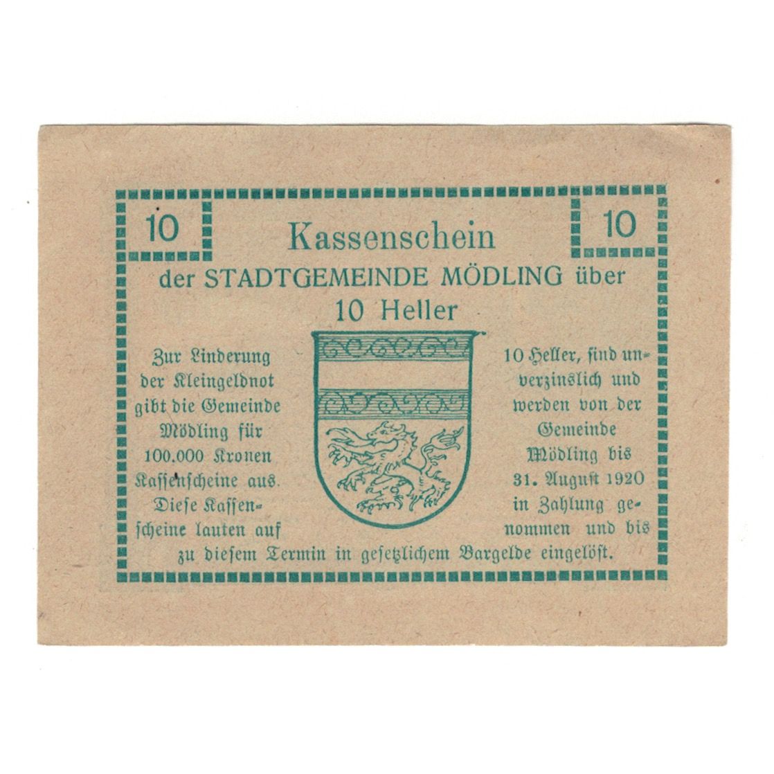 Billet, Autriche, Mödling N.Ö. Stadtgemeinde, 10 Heller, Blason, 1920