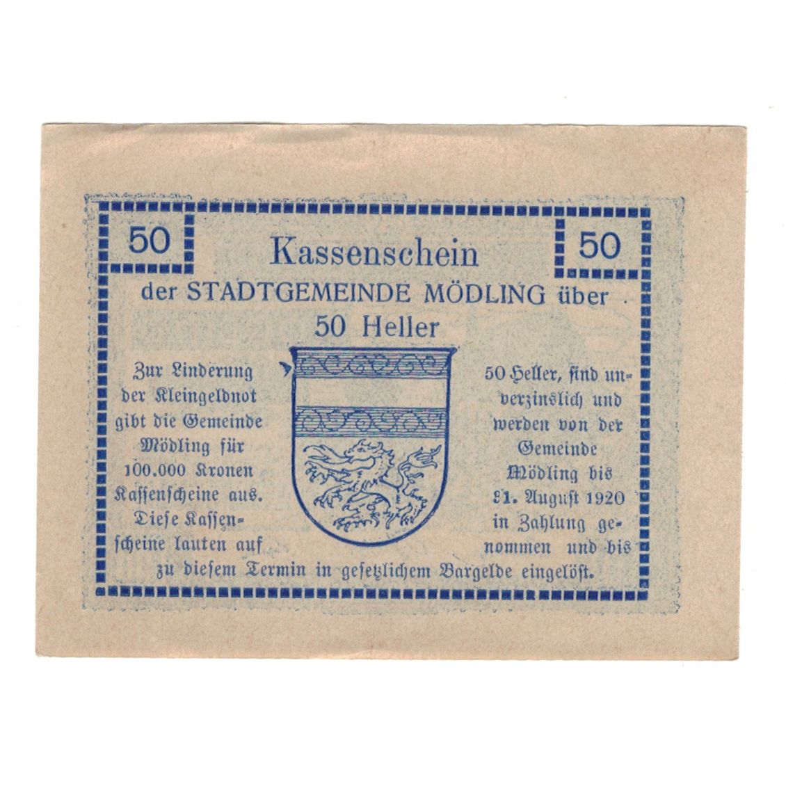 Geldschein, Österreich, Mödling N.Ö. Stadtgemeinde, 50 Heller, Blason, 1920