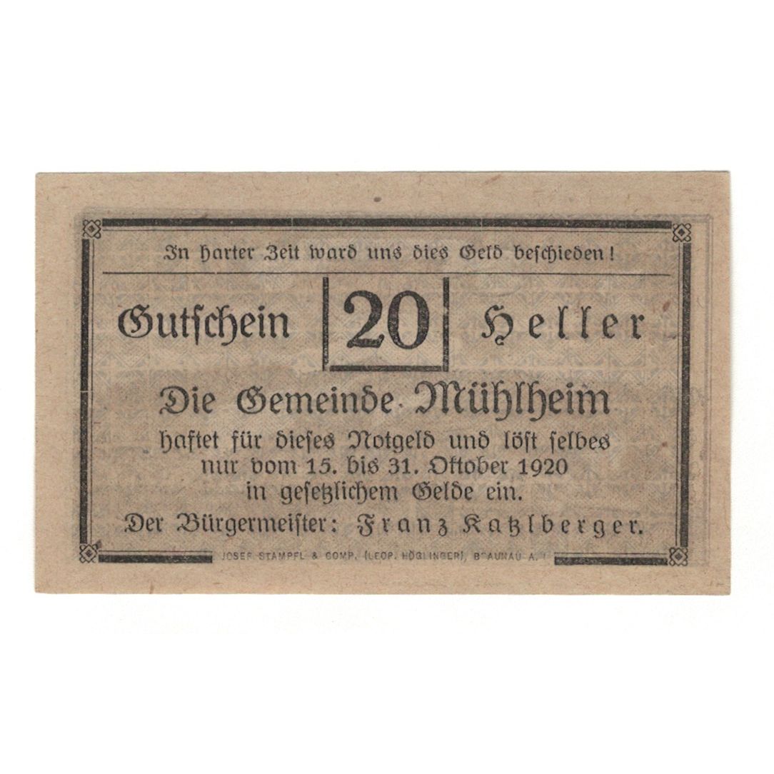 Geldschein, Österreich, Mühlheim O.Ö. Gemeinde, 20 Heller, paysage, 1920