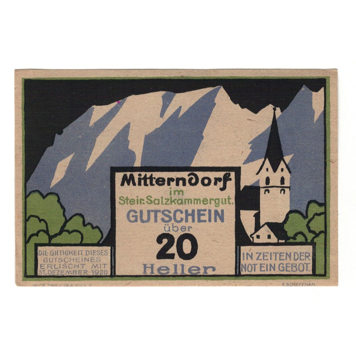 Billet, Autriche, Mitterndorf Stm. Gemeinde, 20 Heller, Texte, 1920, 1920-12-31