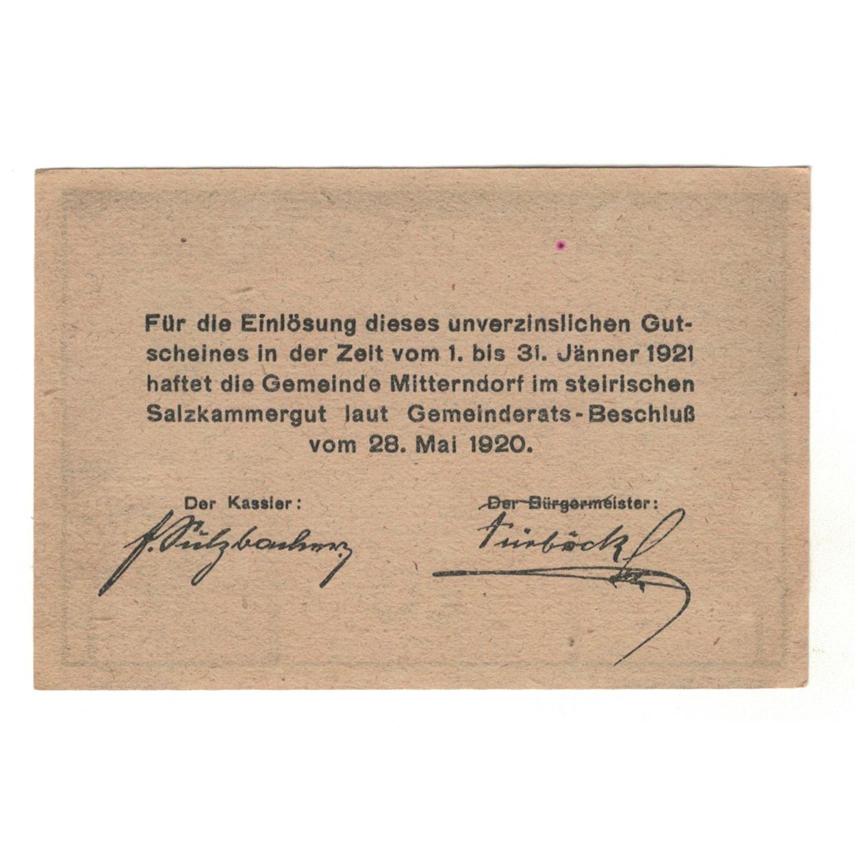 Billet, Autriche, Mitterndorf Stm. Gemeinde, 20 Heller, Texte, 1920, 1920-12-31