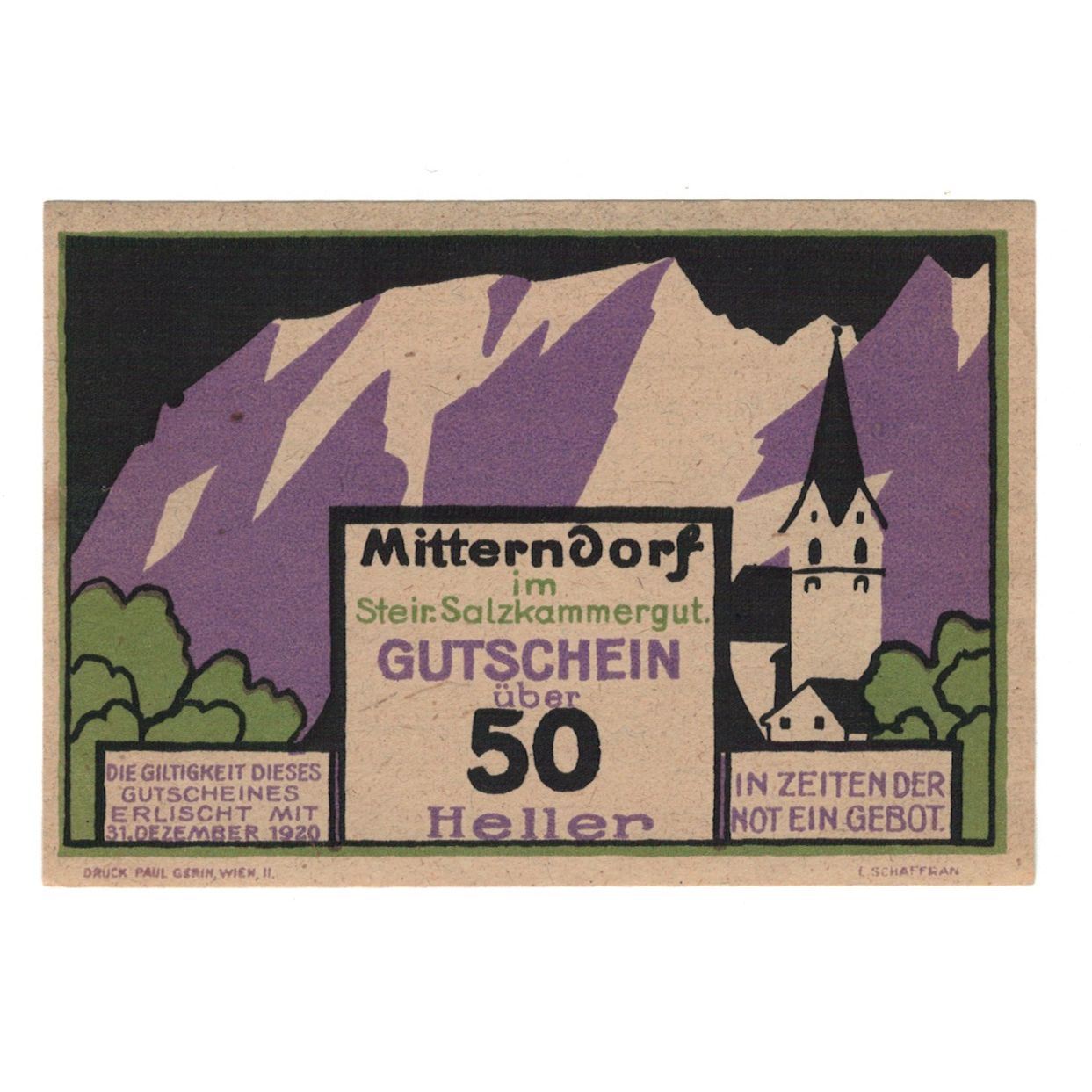 Billet, Autriche, Mitterndorf Stm. Gemeinde, 50 Heller, Texte, 1920, 1920-12-31