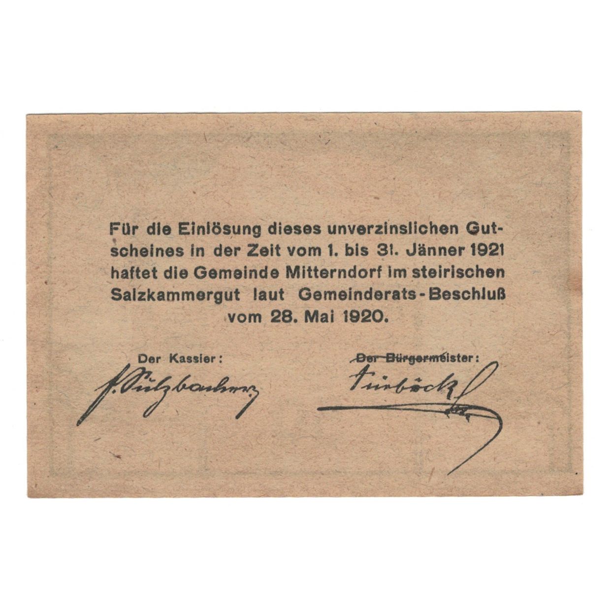 Billet, Autriche, Mitterndorf Stm. Gemeinde, 50 Heller, Texte, 1920, 1920-12-31