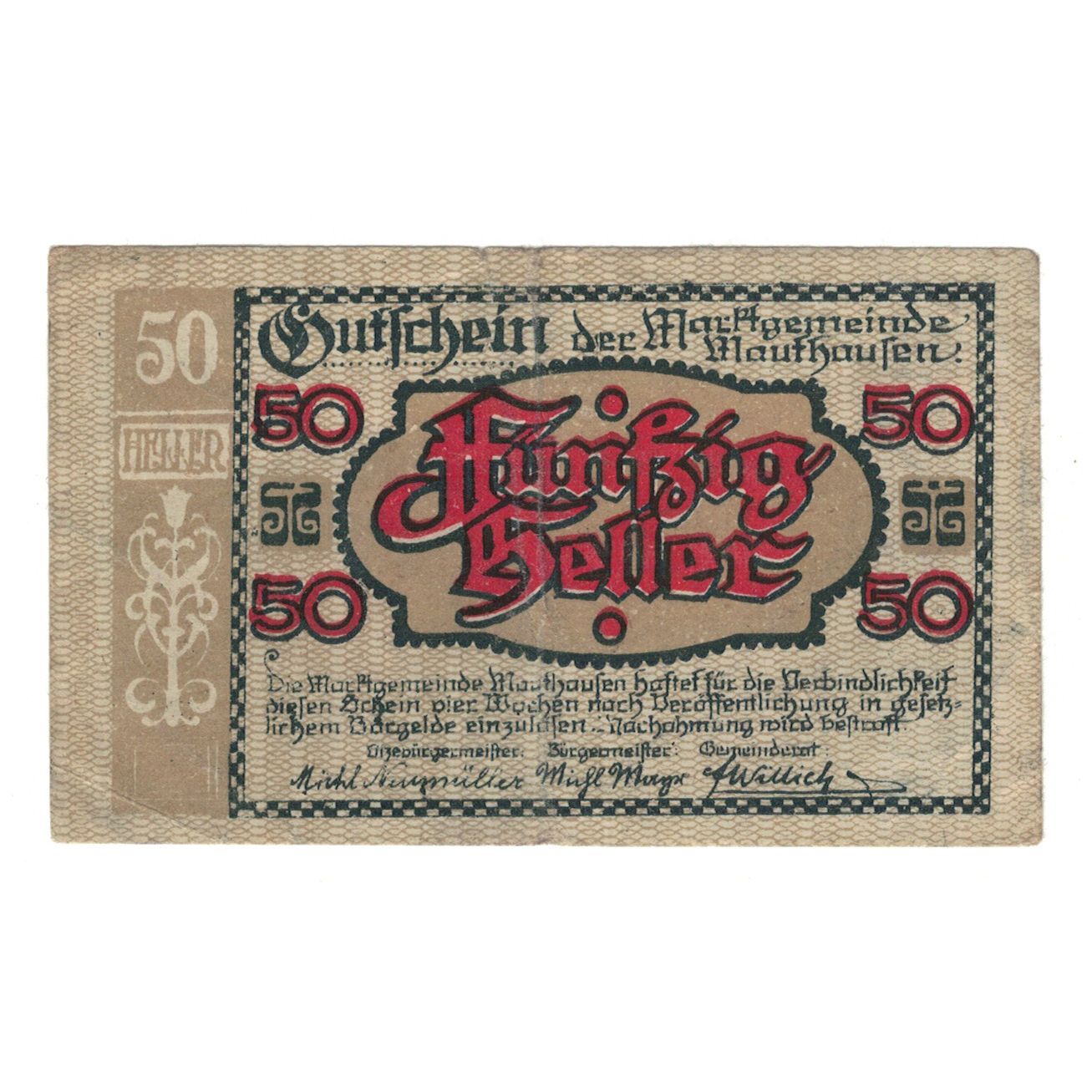 Billet, Autriche, Mauthausen O.Ö. Marktgemeinde, 50 Heller, paysage, TTB
