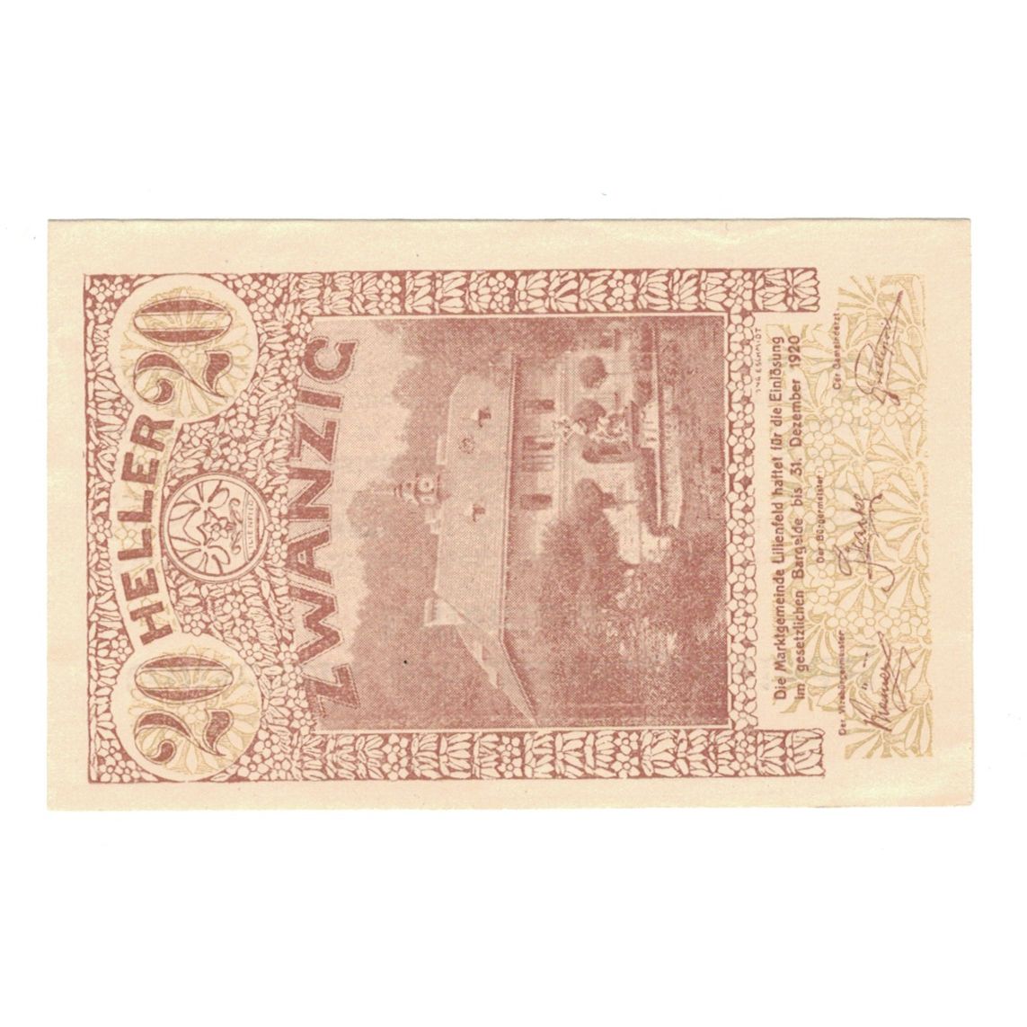 Billet, Autriche, Lilienfeld N.Ö. Marktgemeinde, 20 Heller, texte 1, 1920