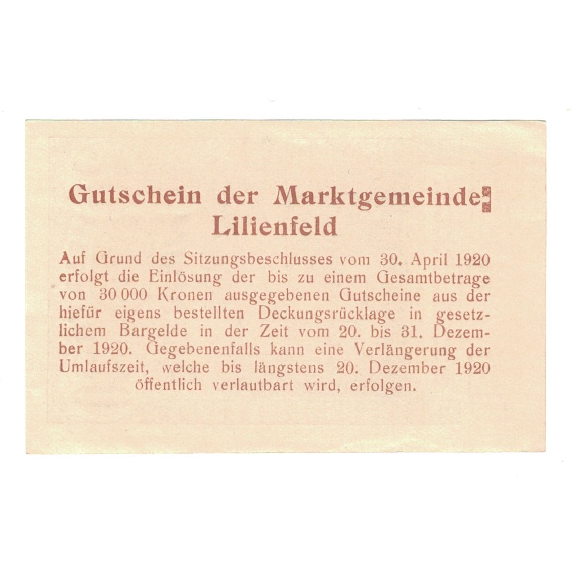 Billet, Autriche, Lilienfeld N.Ö. Marktgemeinde, 20 Heller, texte 1, 1920