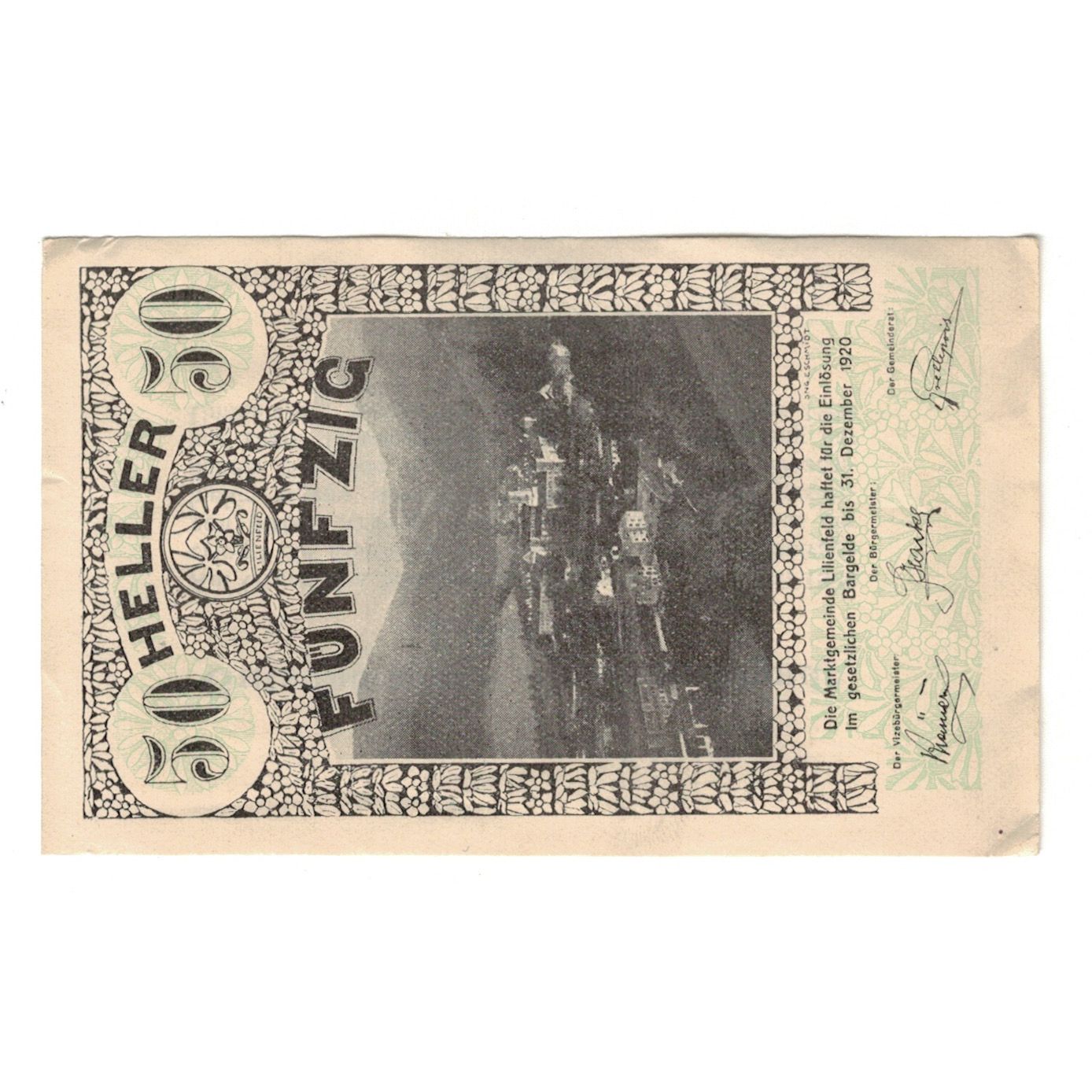 Billet, Autriche, Lilienfeld N.Ö. Marktgemeinde, 50 Heller, Texte, 1920