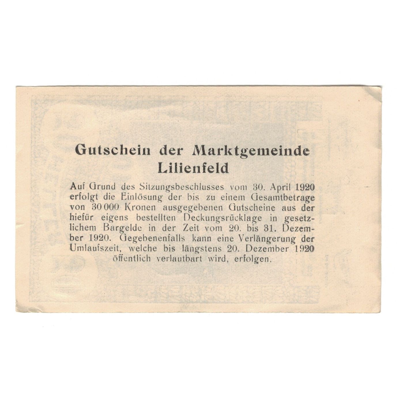 Billet, Autriche, Lilienfeld N.Ö. Marktgemeinde, 50 Heller, Texte, 1920