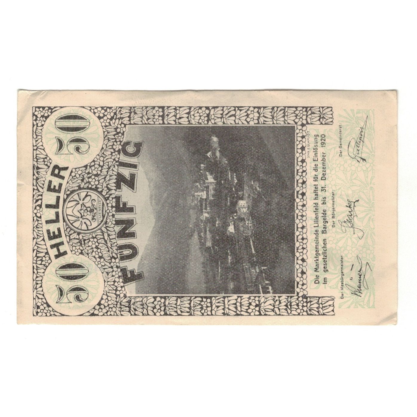 Billet, Autriche, Lilienfeld N.Ö. Marktgemeinde, 50 Heller, texte 1, 1920