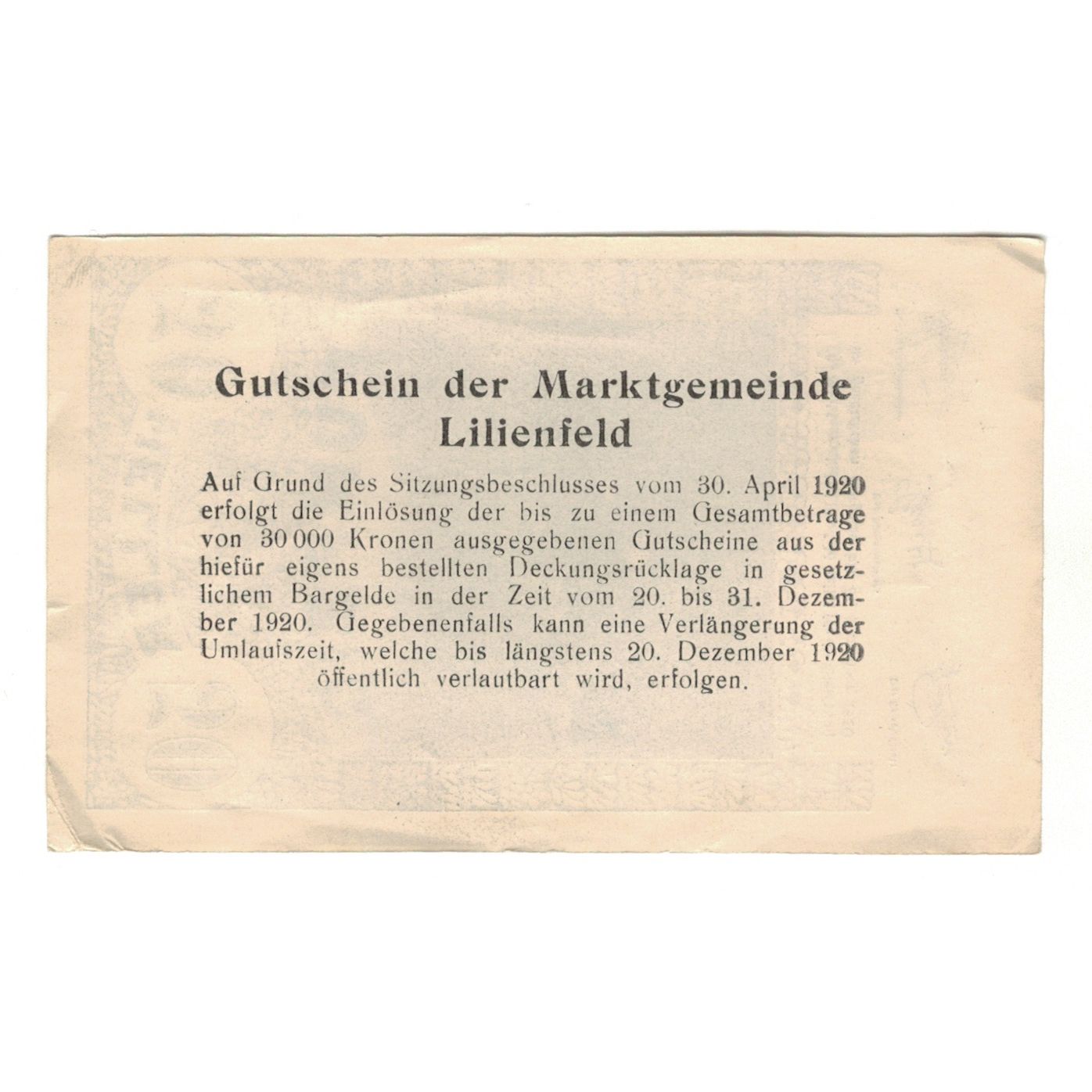 Billet, Autriche, Lilienfeld N.Ö. Marktgemeinde, 50 Heller, texte 1, 1920