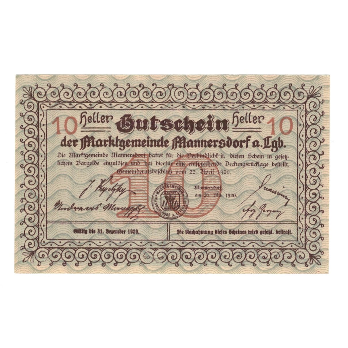 Billet, Autriche, Mannersdorf N.Ö. Marktgemeinde, 10 Heller, paysage, 1920
