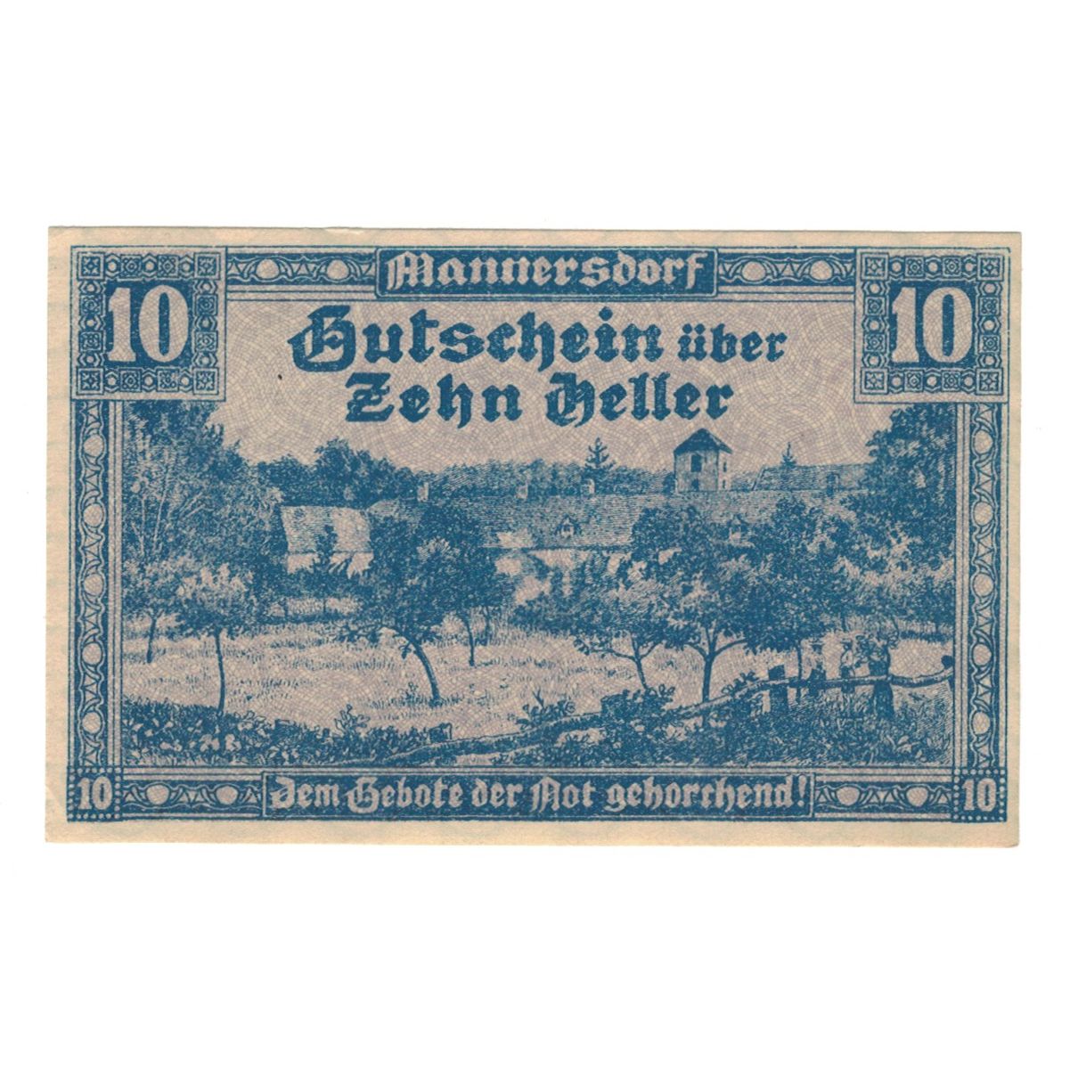 Billet, Autriche, Mannersdorf N.Ö. Marktgemeinde, 10 Heller, paysage, 1920
