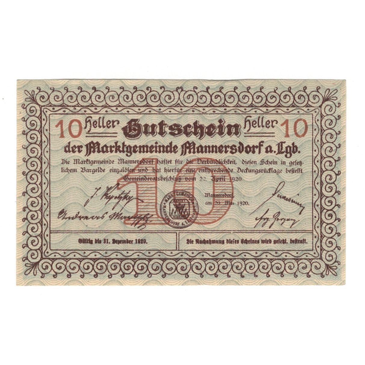Geldschein, Österreich, Mannersdorf N.Ö. Marktgemeinde, 10 Heller, paysage 1