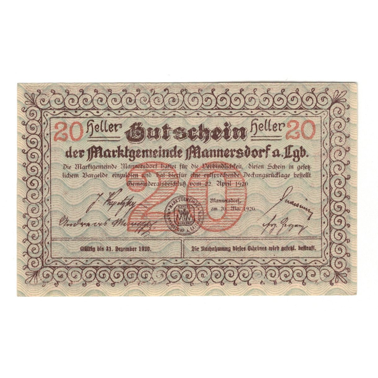 Billet, Autriche, Mannersdorf N.Ö. Marktgemeinde, 20 Heller, Ruines, 1920