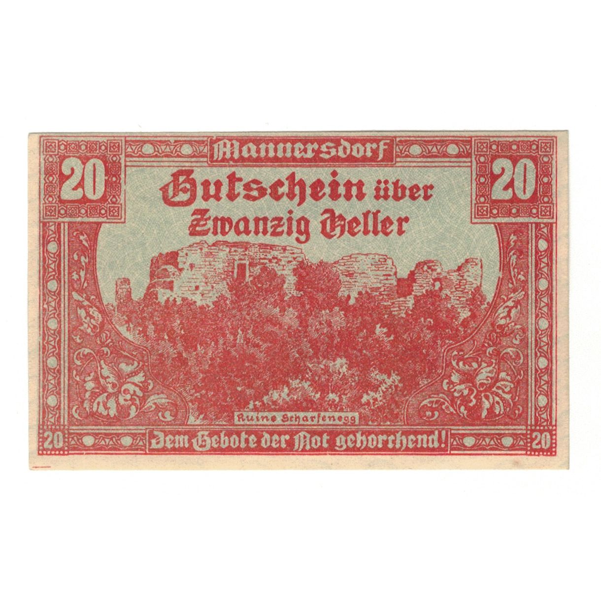 Billet, Autriche, Mannersdorf N.Ö. Marktgemeinde, 20 Heller, Ruines, 1920
