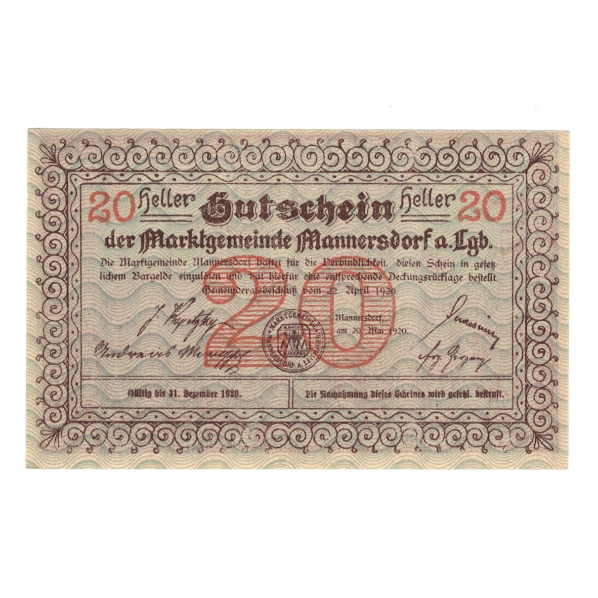 Billet, Autriche, Mannersdorf N.Ö. Marktgemeinde, 20 Heller, Ruines 1, 1920