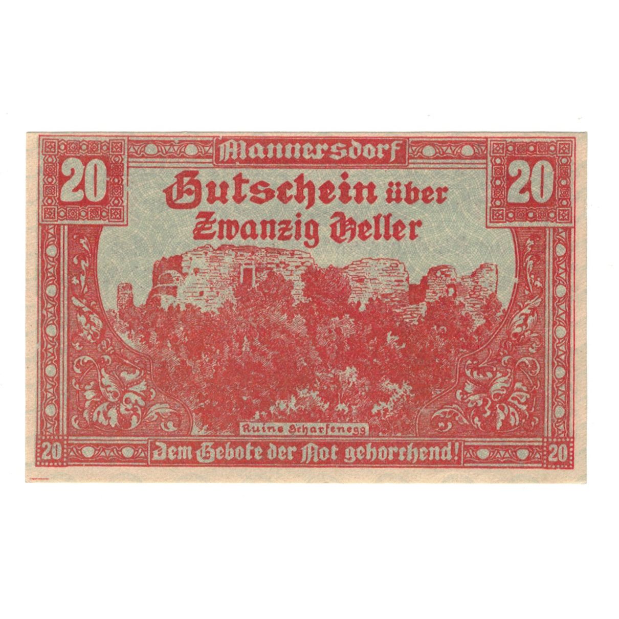 Billet, Autriche, Mannersdorf N.Ö. Marktgemeinde, 20 Heller, Ruines 1, 1920