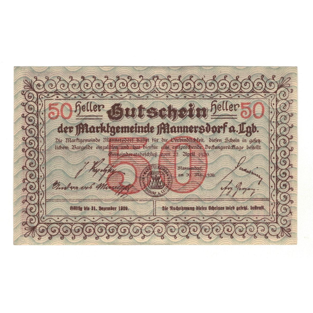 Billet, Autriche, Mannersdorf N.Ö. Marktgemeinde, 50 Heller, paysage 1, 1920