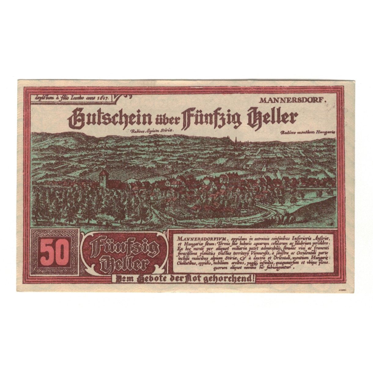Billet, Autriche, Mannersdorf N.Ö. Marktgemeinde, 50 Heller, paysage 1, 1920