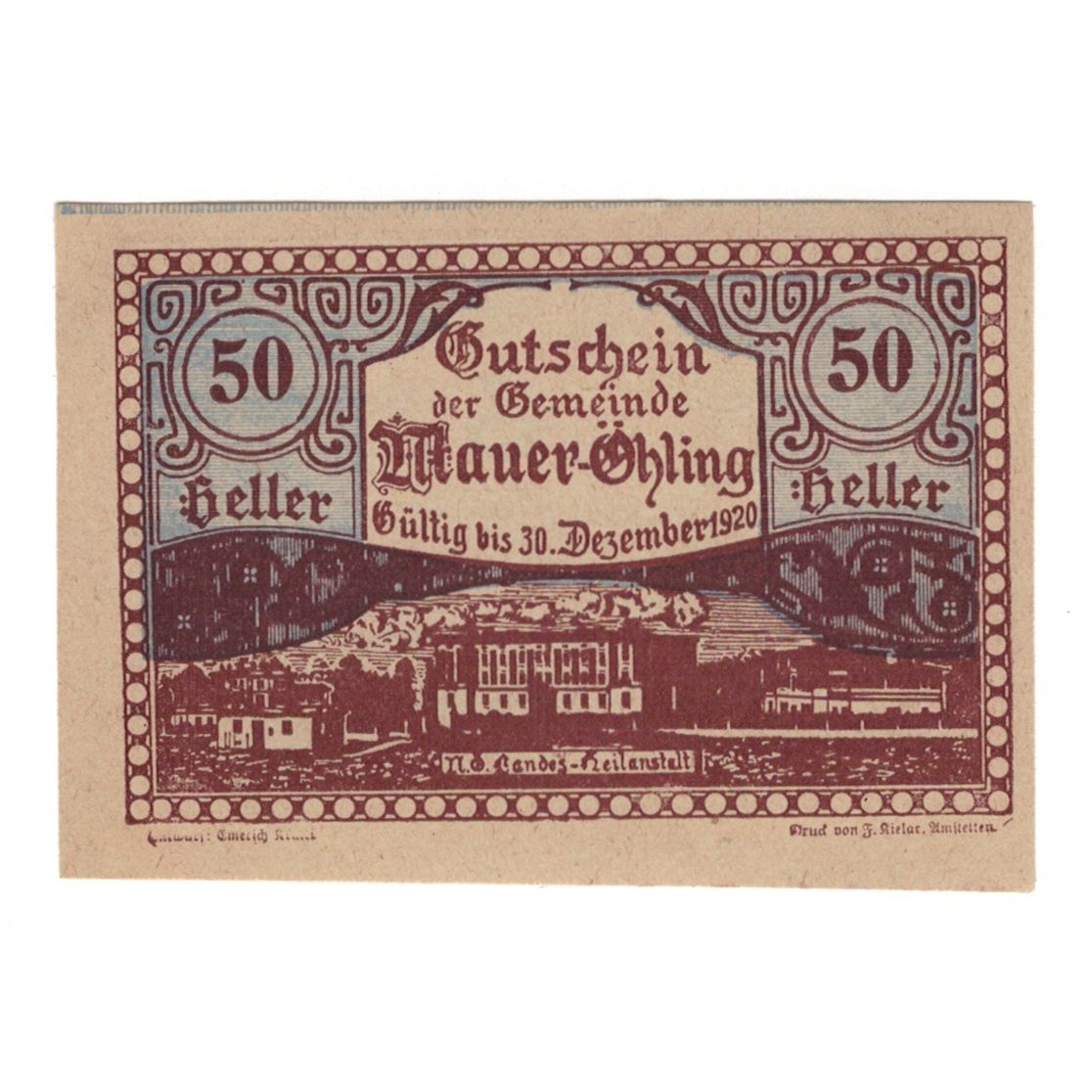 Banknote, Austria, Mauer - Öhling N.Ö. Gemeinde, 50 Heller, Texte, 1920
