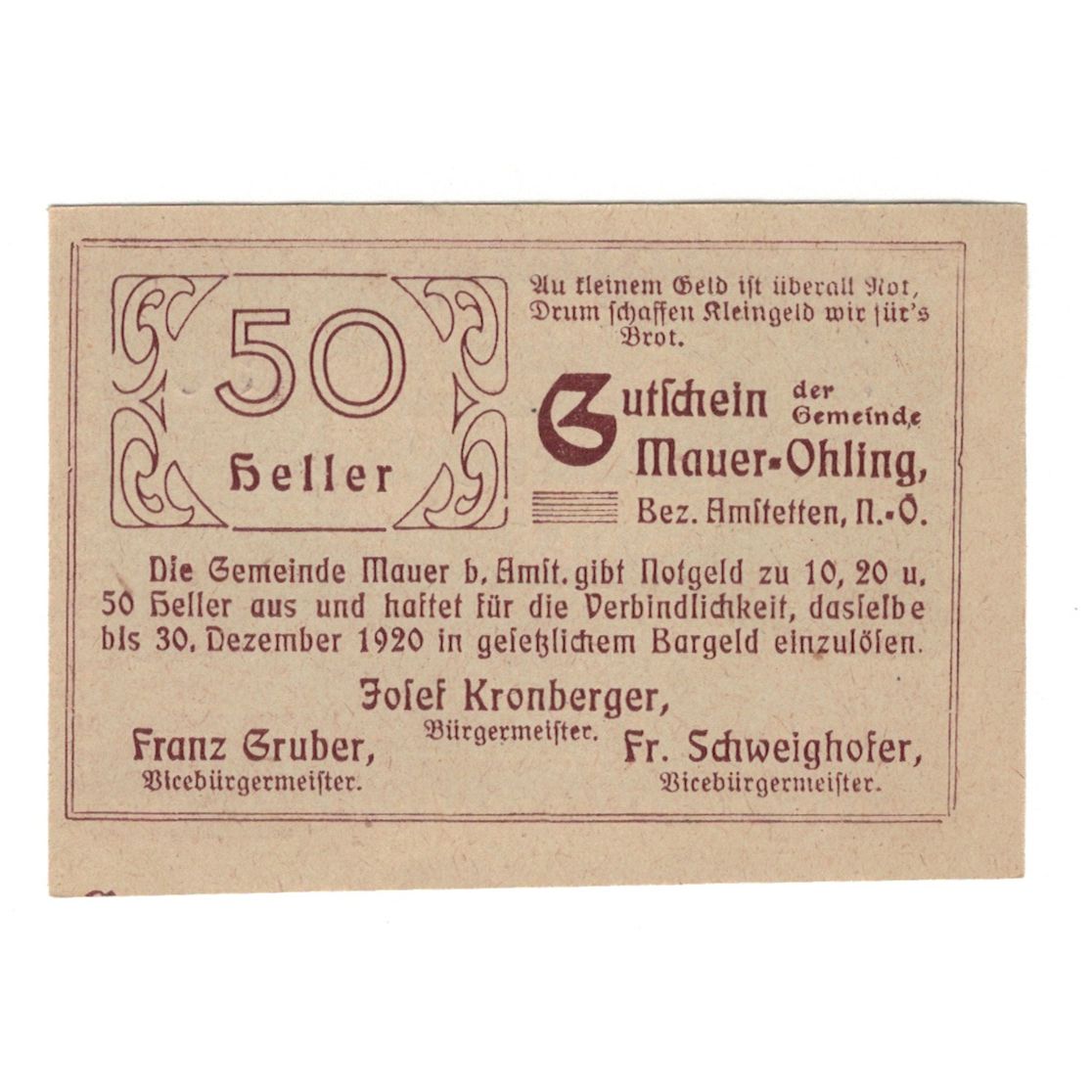 Banknote, Austria, Mauer - Öhling N.Ö. Gemeinde, 50 Heller, Texte, 1920