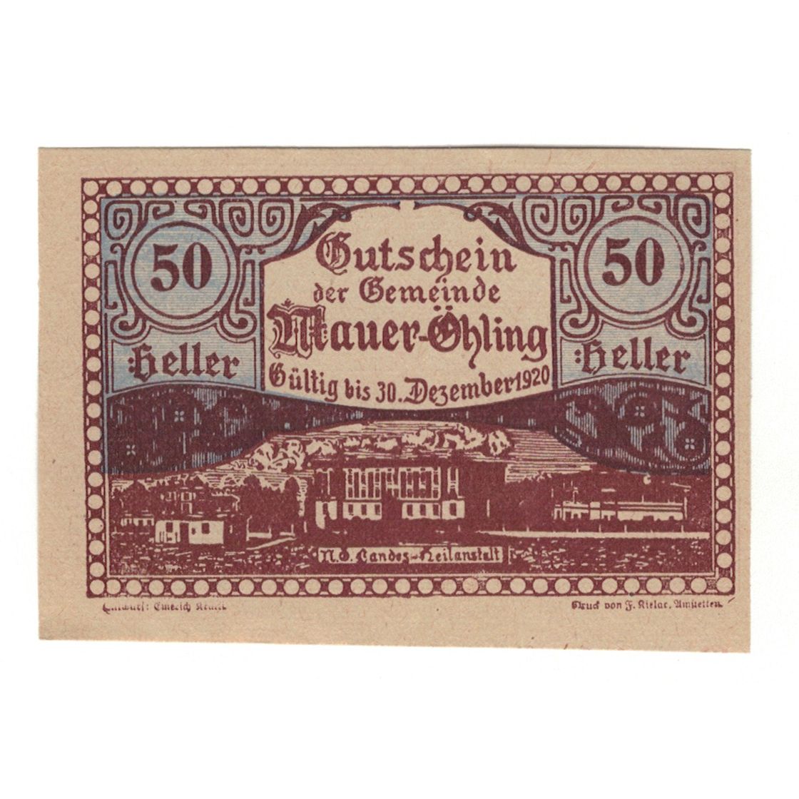 Geldschein, Österreich, Mauer - Öhling N.Ö. Gemeinde, 50 Heller, texte 1