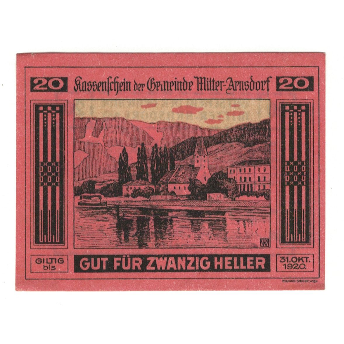 Geldschein, Österreich, Mitter - Arnsdorf N.Ö. Gemeinde, 20 Heller, Texte