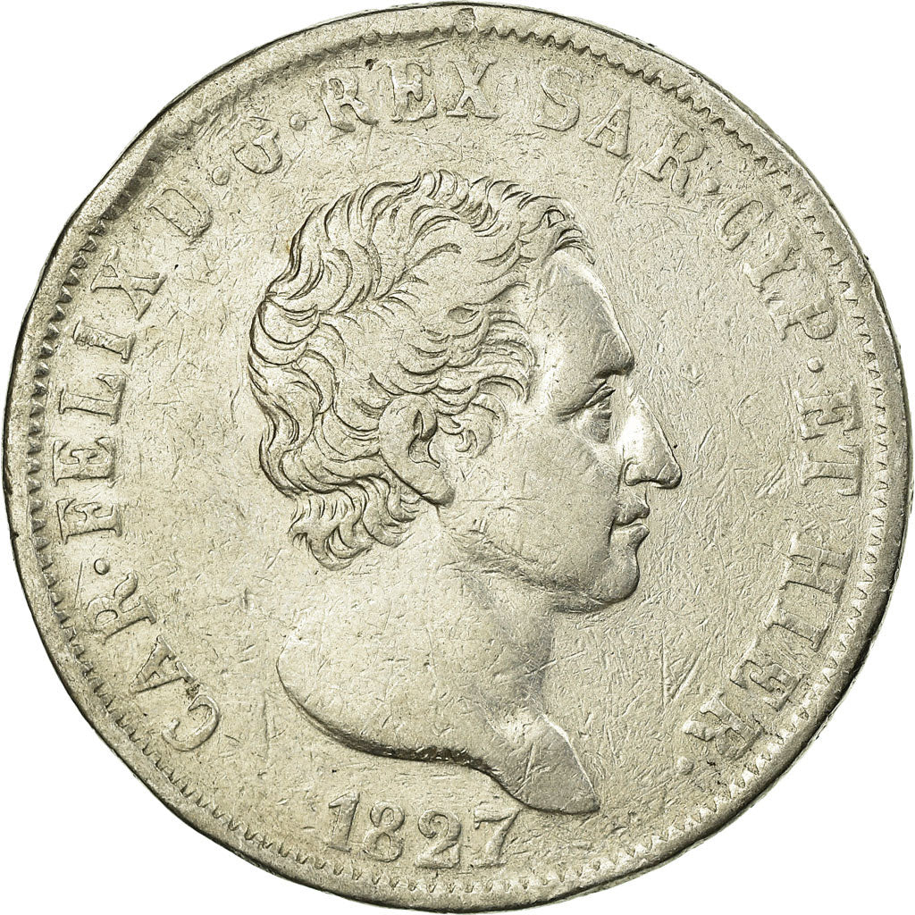STATI ITALIANI, SARDINIA, Carlo Felice, 5 Lire, 1827, Genoa, Argento, BB