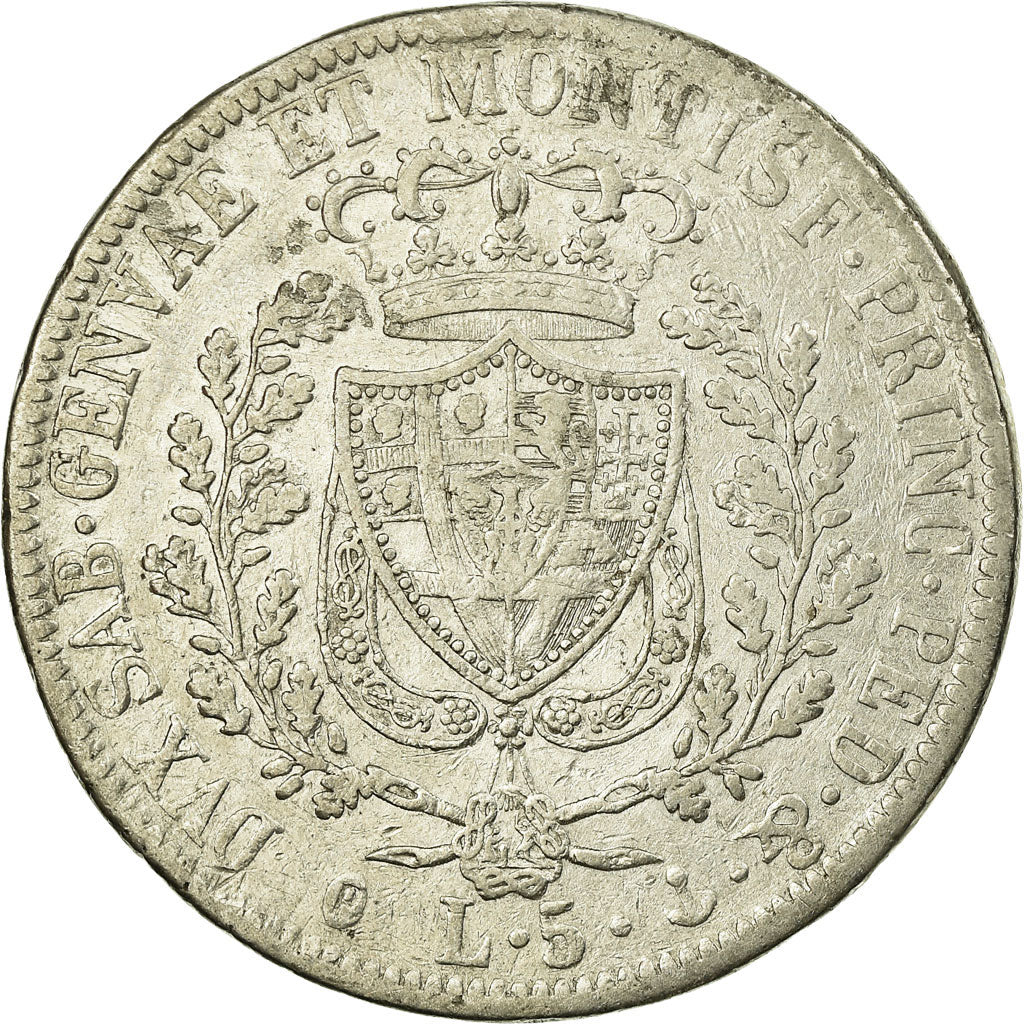 STATI ITALIANI, SARDINIA, Carlo Felice, 5 Lire, 1827, Genoa, Argento, BB