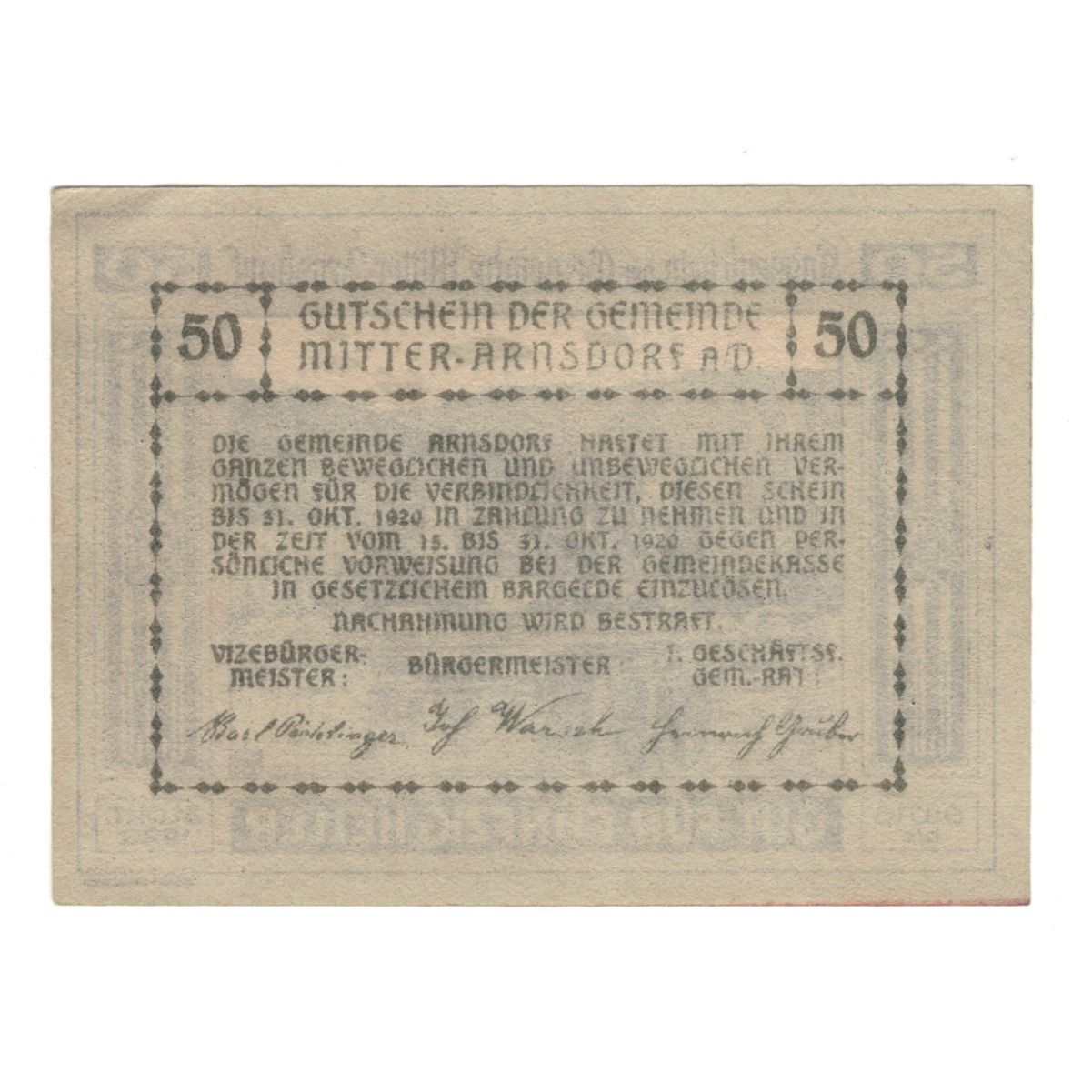 Geldschein, Österreich, Mitter - Arnsdorf N.Ö. Gemeinde, 50 Heller, Texte