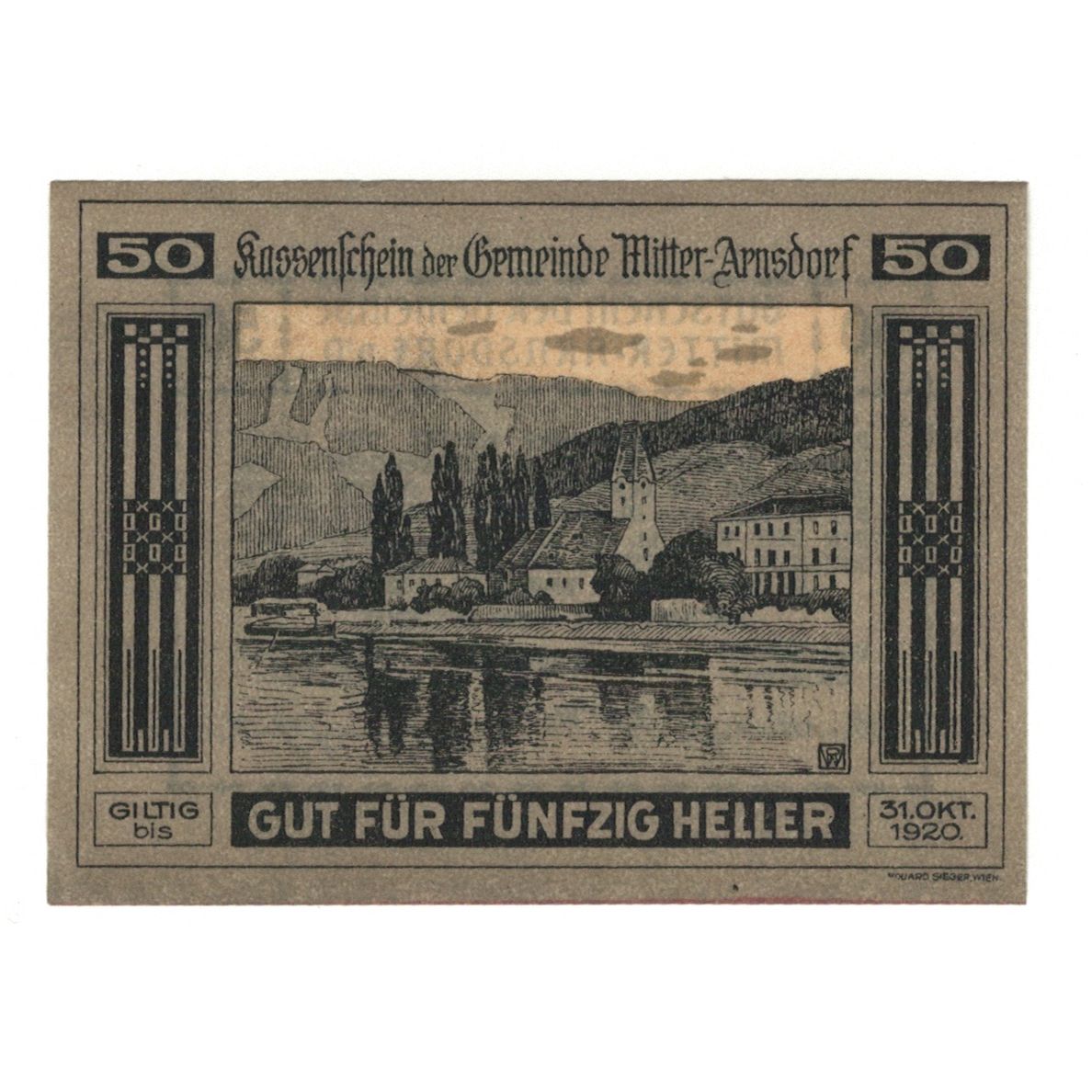Billet, Autriche, Mitter - Arnsdorf N.Ö. Gemeinde, 50 Heller, texte 1, 1920