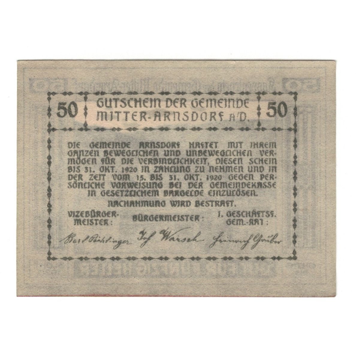 Billet, Autriche, Mitter - Arnsdorf N.Ö. Gemeinde, 50 Heller, texte 1, 1920