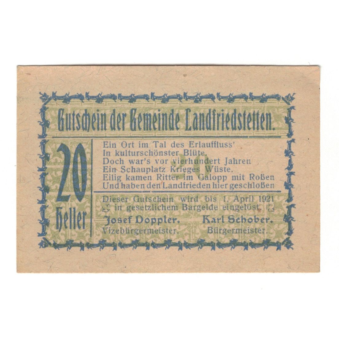 Billet, Autriche, Landfriedstetten N.Ö. Gemeinde, 20 Heller, N.D, 1920