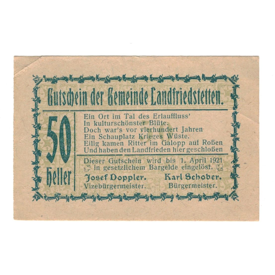 Geldschein, Österreich, Landfriedstetten N.Ö. Gemeinde, 50 Heller, N.D, 1920