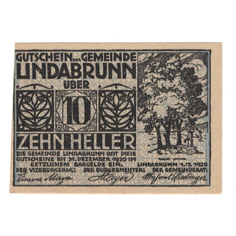 Geldschein, Österreich, Lindabrunn N.Ö. Gemeinde, 10 Heller, Texte, 1920
