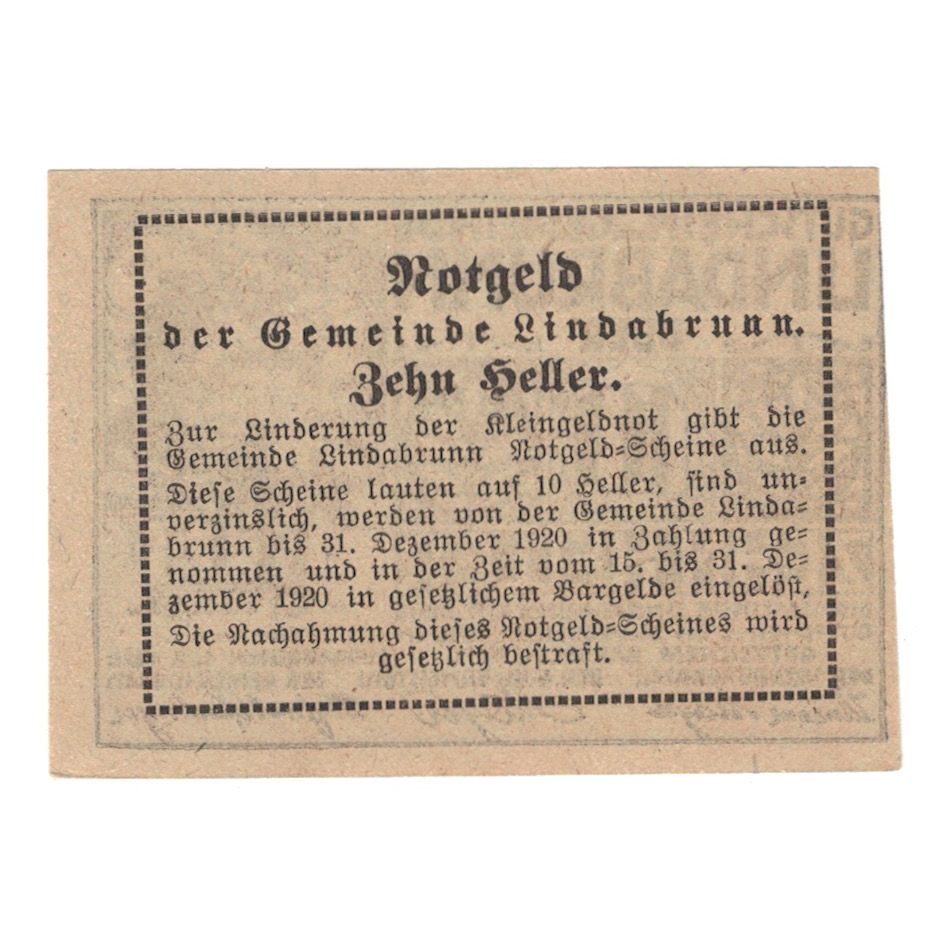 Geldschein, Österreich, Lindabrunn N.Ö. Gemeinde, 10 Heller, Texte, 1920