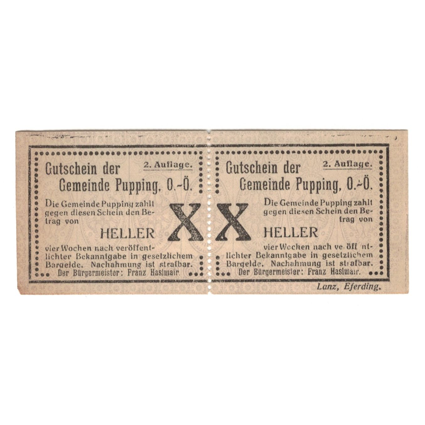 Geldschein, Österreich, Pupping O.Ö. Gemeinde, 20 Heller, N.D, SS+, Mehl:FS