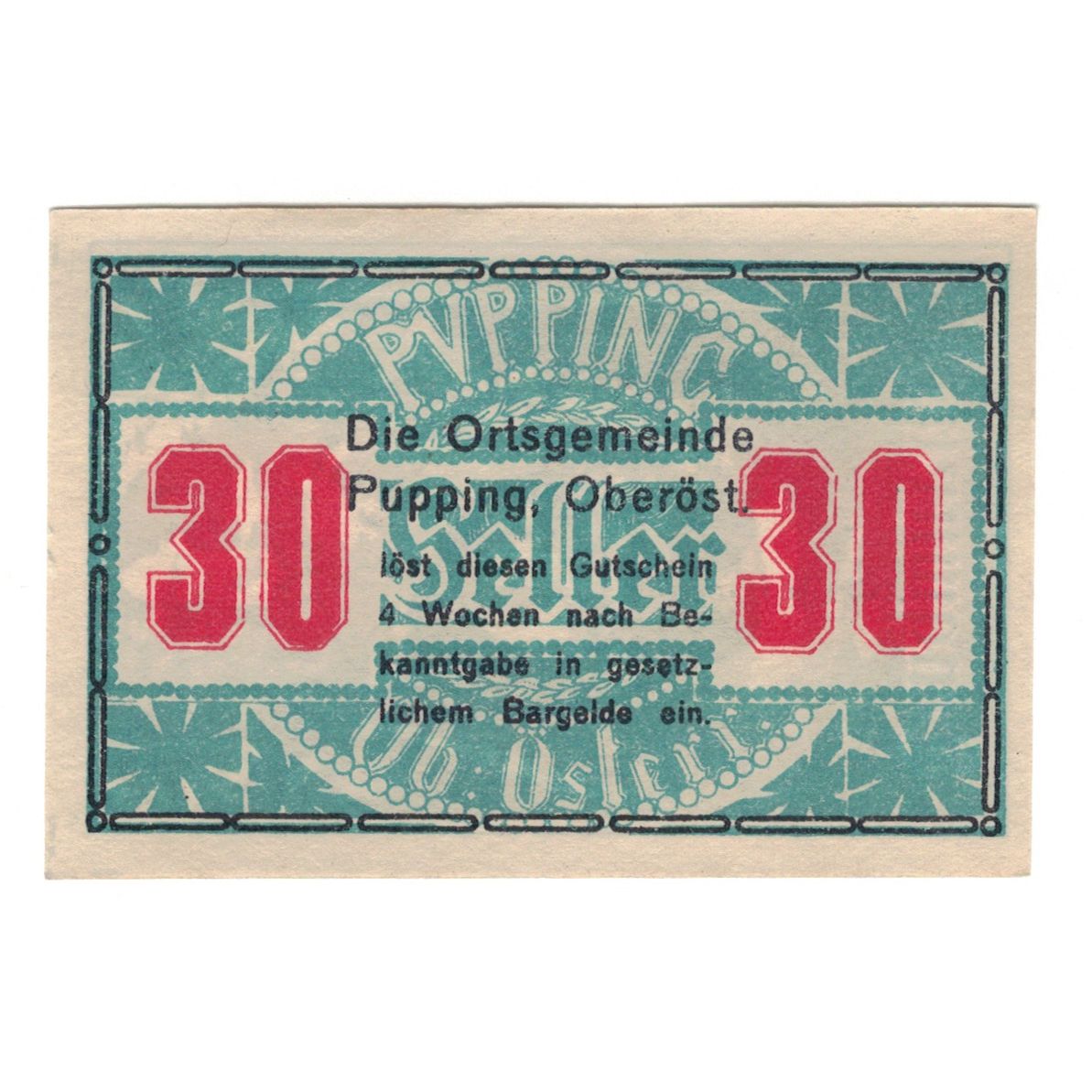 Nota, Áustria, Pupping O.Ö. Gemeinde, 30 Heller, Batiment, AU(55-58), Mehl:FS