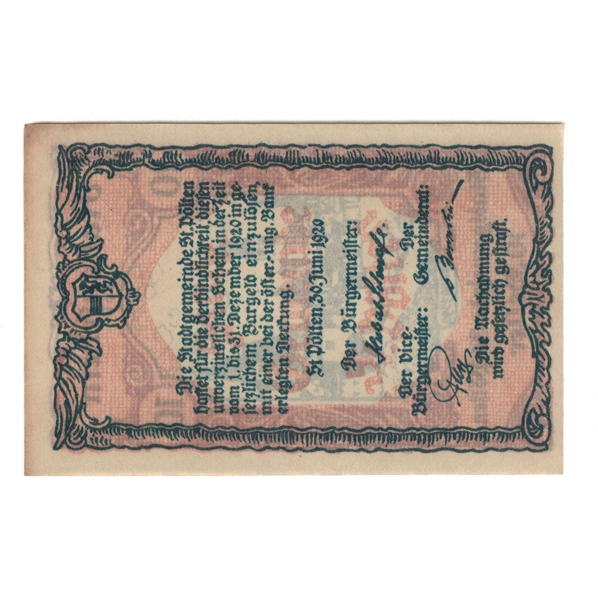 Banknot, Austria, St. Pölten N.Ö. Stadtgemeinde, 10 Heller, texte 1, 1920