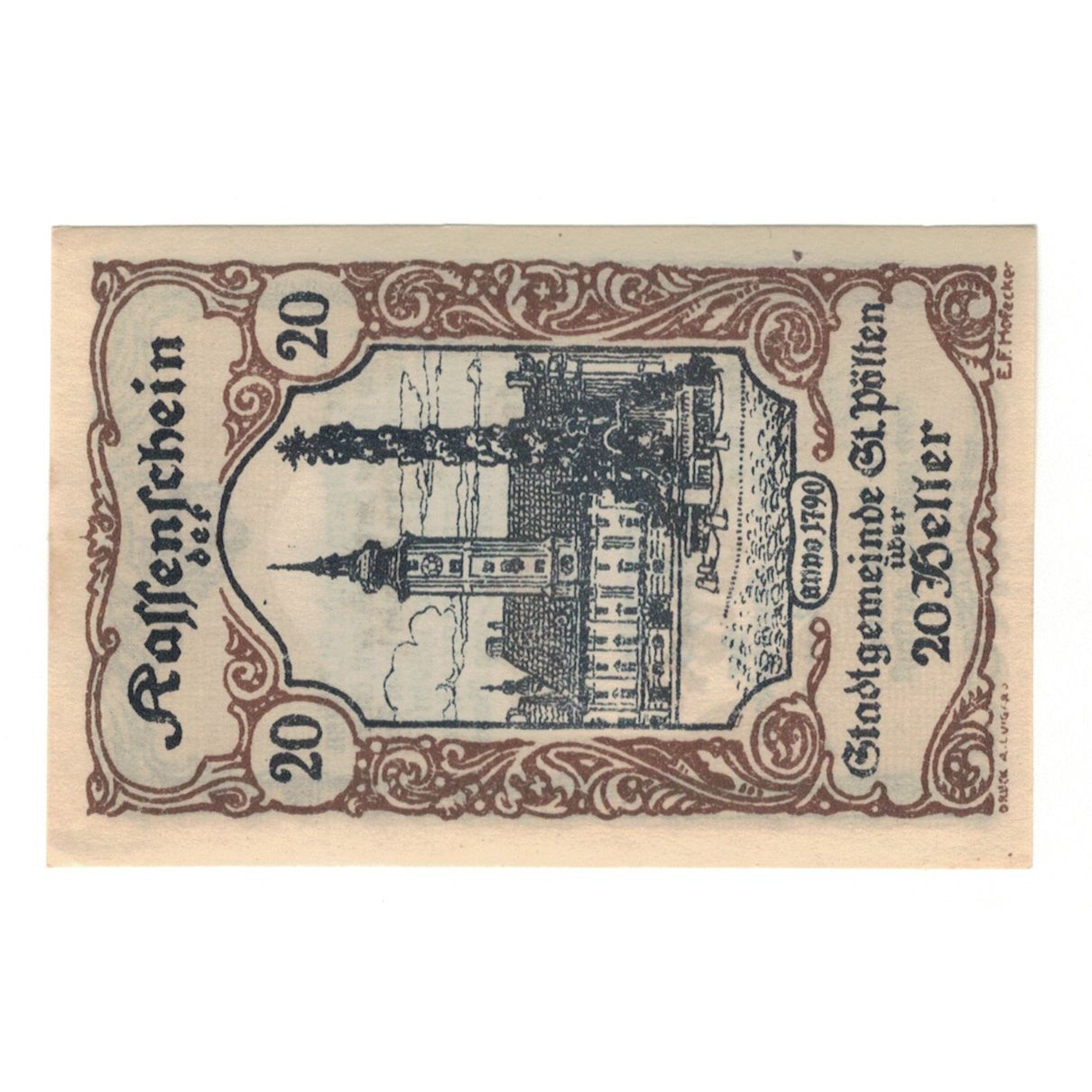 Billet, Autriche, St. Pölten N.Ö. Stadtgemeinde, 20 Heller, Texte, 1920