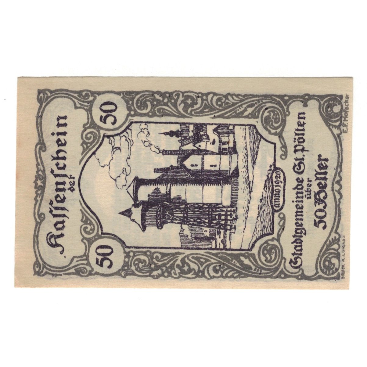 Geldschein, Österreich, St. Pölten N.Ö. Stadtgemeinde, 50 Heller, Texte