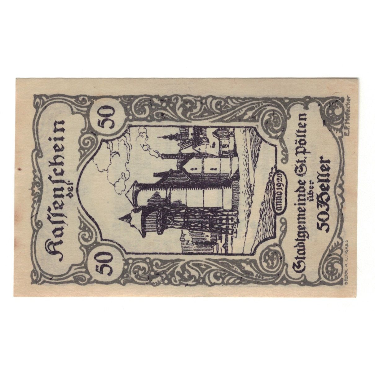 Billet, Autriche, St. Pölten N.Ö. Stadtgemeinde, 50 Heller, texte 1, 1920
