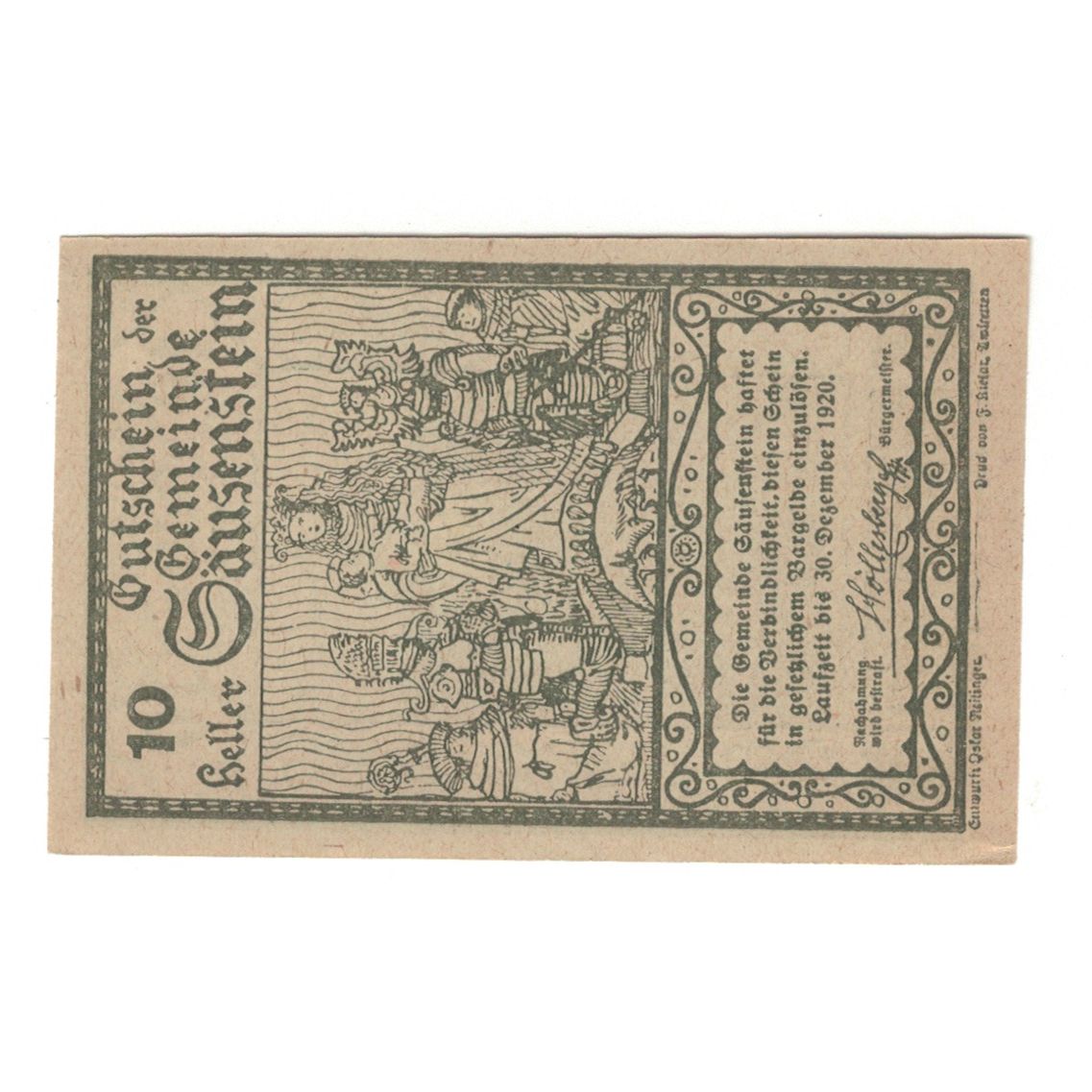 Banknote, Austria, Säusenstein N.Ö. Gemeinde, 10 Heller, personnage 1, 1920