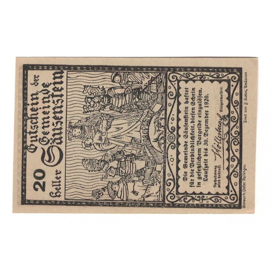 Geldschein, Österreich, Säusenstein N.Ö. Gemeinde, 20 Heller, personnage